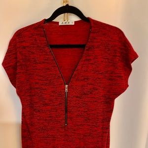 Red Knit Zipper Cap Sleeve Top, Work Blouse